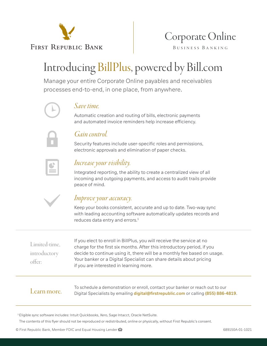 BillPlus flyer for business clients with four benefits: save time, gain control, increase your visibility, and improve your accuracy.