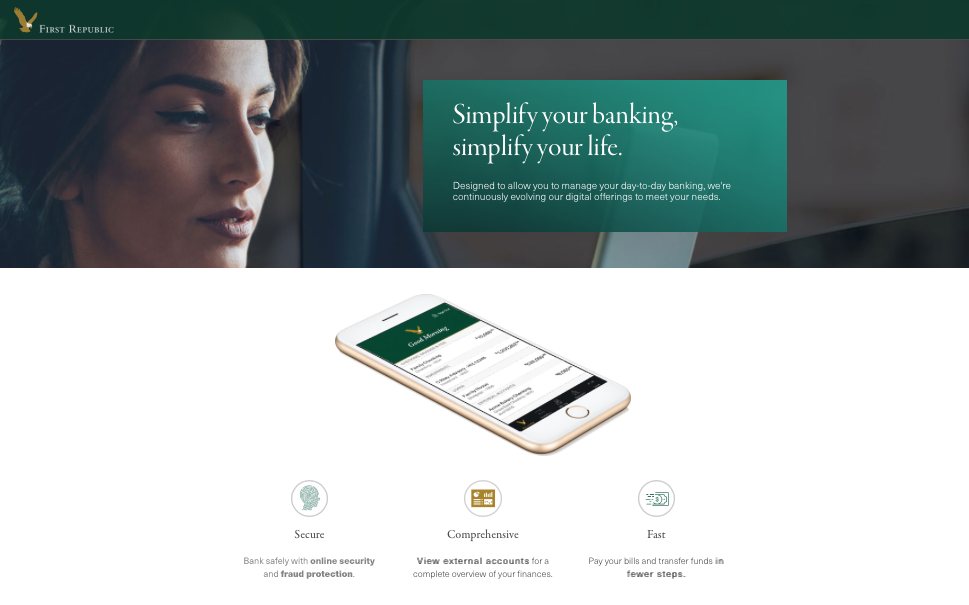 First Republic digital banking page with the headline Simplify your banking, simplify your life, and three reasons: secure, comprehensive, and fast.