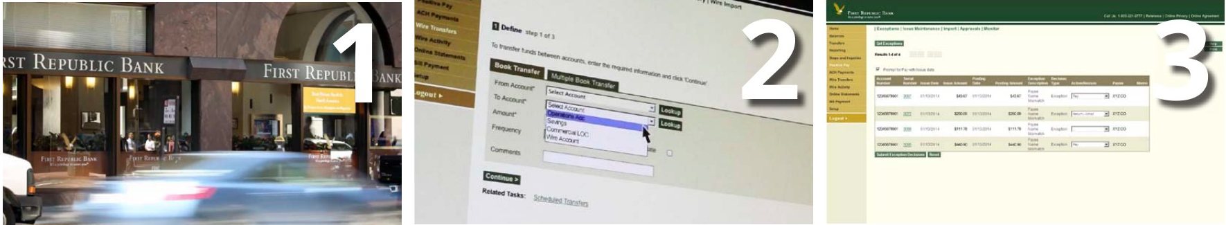 Three stills from the First Republic sales videos: a branch exterior, a funds transfer screen, and an exceptions report.