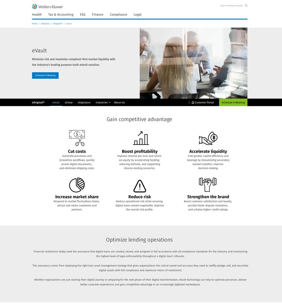 OmniVault eVault landing page with benefits: cut costs, boost profitability, accelerate liquidity, increase market share, reduce risk, and strengthen the brand.